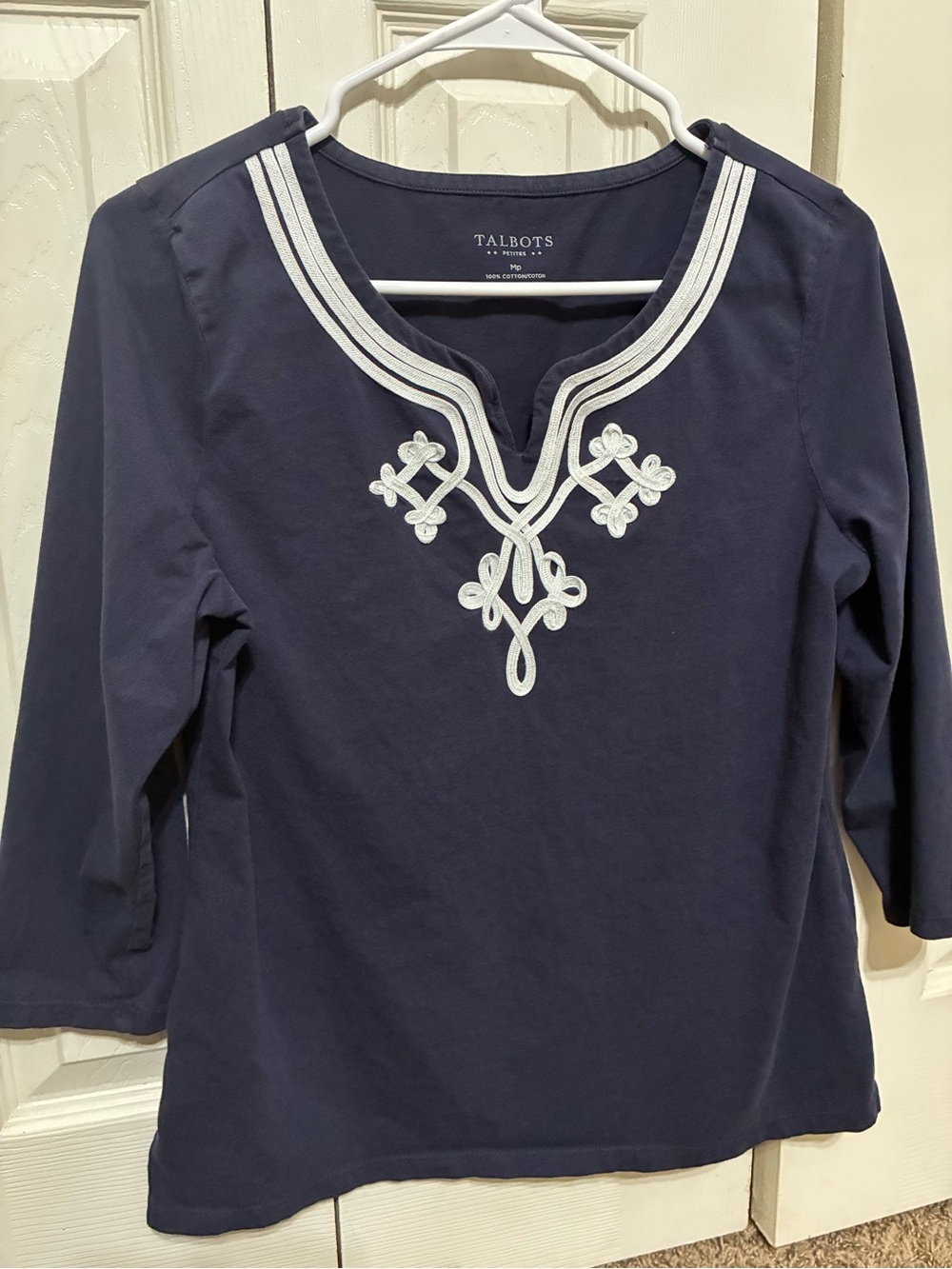 Talbots Navy Long-Sleeve Split Neck Top with White Embroidery